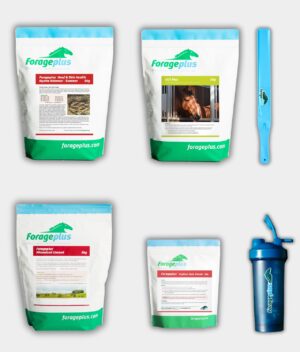 A collection of Forageplus digestive health supplements with a blue feed stirrer and shaker bottle on a grey background.