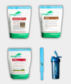 A collection of our hoof & skin support supplements with a feed stirrer and balancer on a grey background.