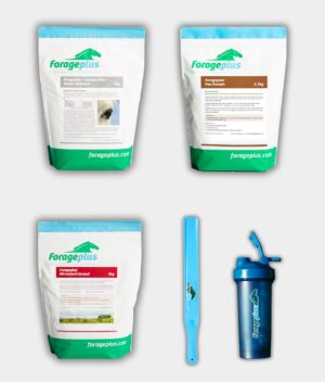 A collection of Forageplus supplements for laminitis prone horses on a grey background.