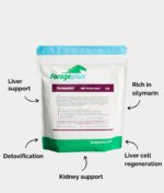 A 1kg pouch of Forageplus Milk Thistle seed powder for horses, along with listed potential benefits.