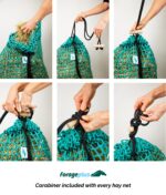 A series of images showing each stage of the closing process for the slow feeder hay net
