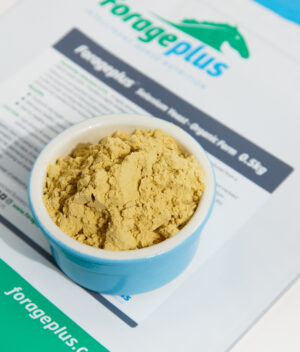 A close up image of Selenium for horses in a blue pot