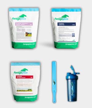 A collection of Forageplus young horse supplements with a blue feed stirrer on grey background.