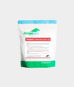 A 1kg pouch of Forageplus Psyllium Husk for Horses on a grey background.