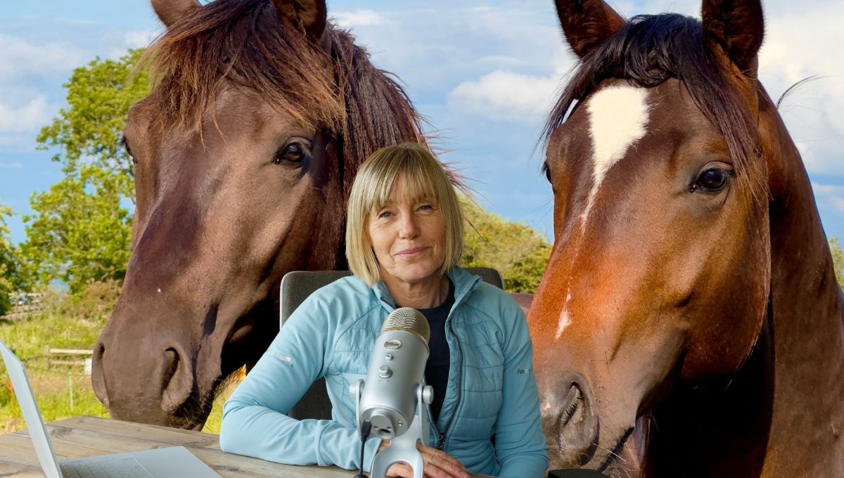 Two horses and Sarah at her podcast desk