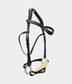 A Forageplus Bit-less Bridle shown from the side on a grey