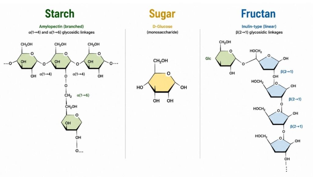 Chemical structure of starch, sugar and fructan in horse grazing